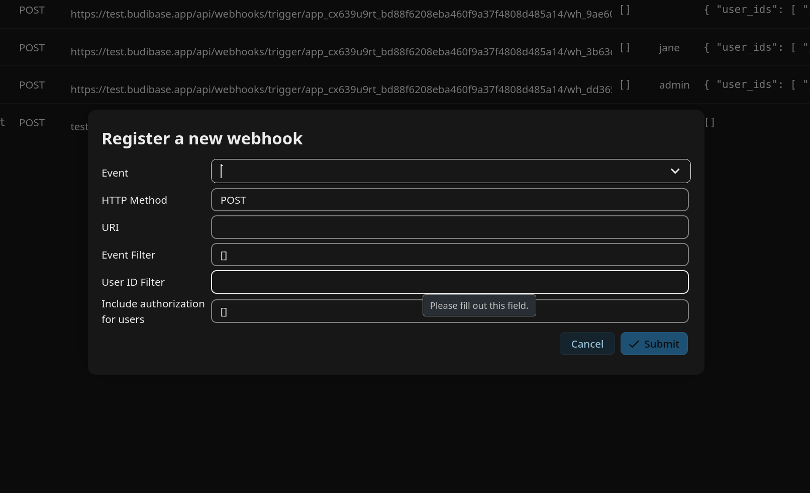 Orchestration Gateway dialog for adding a new webhook